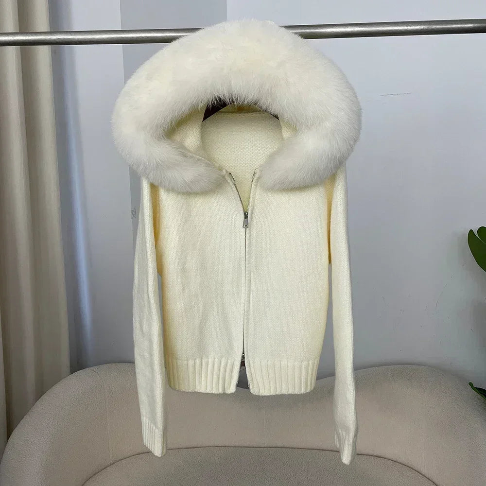 Women's Hooded Zip Front Fluffy Trim Jacket Casual Knit Layer