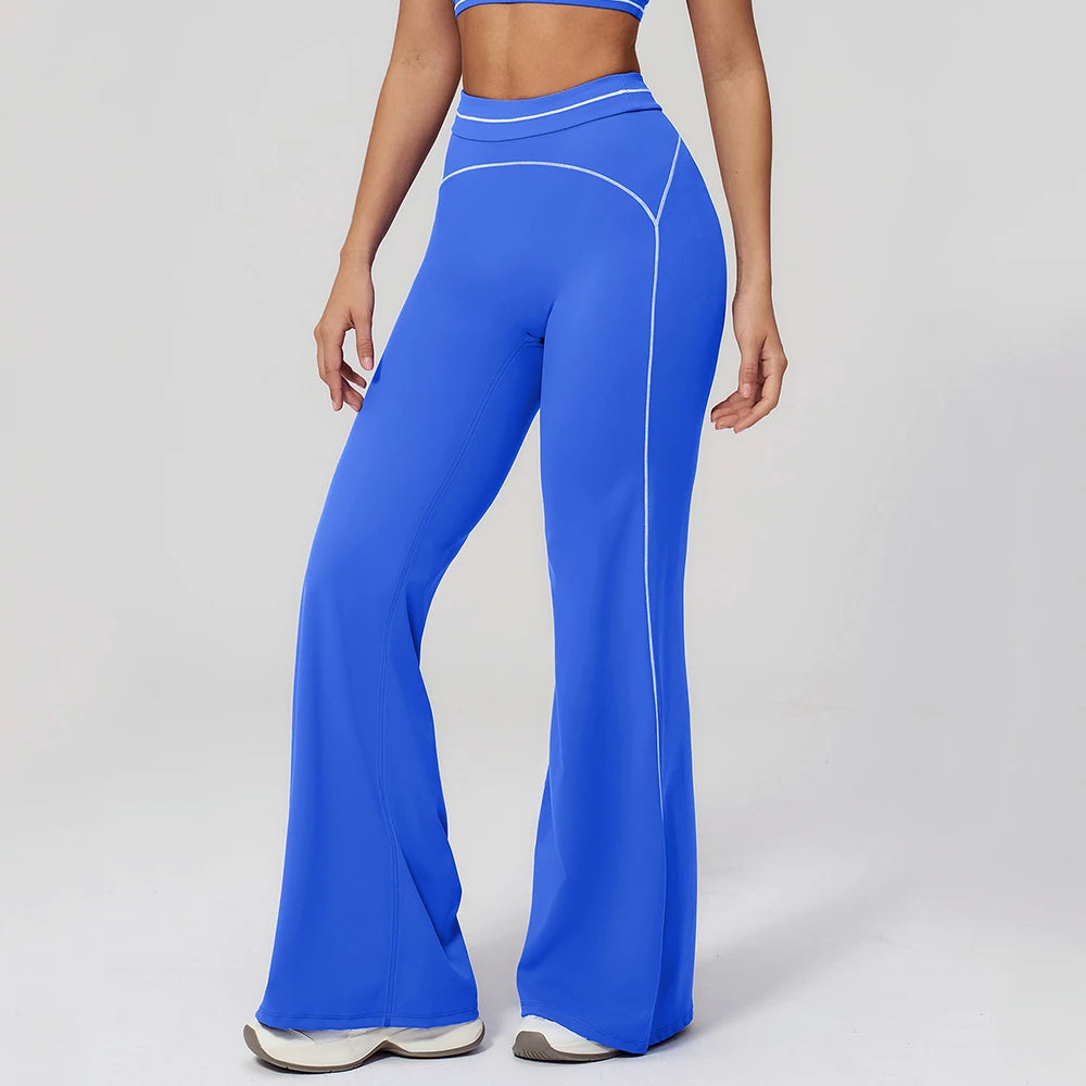 Women's High Waist Flared Workout Pants with Curved Contrast Seam Details