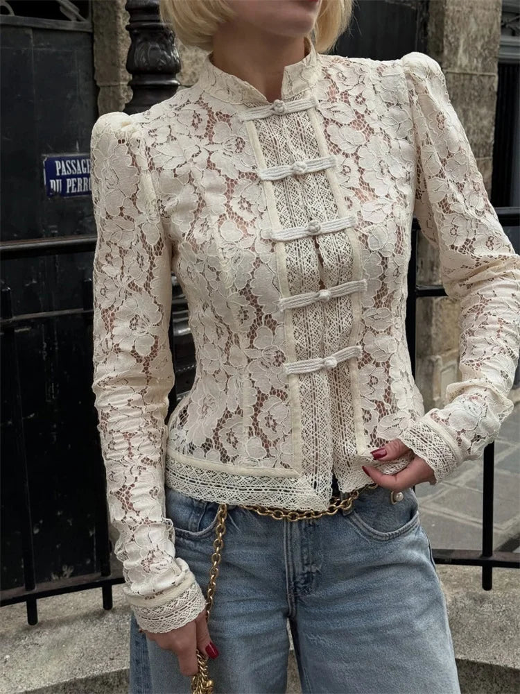 Women's Floral Lace High Neck Long Sleeve Blouse