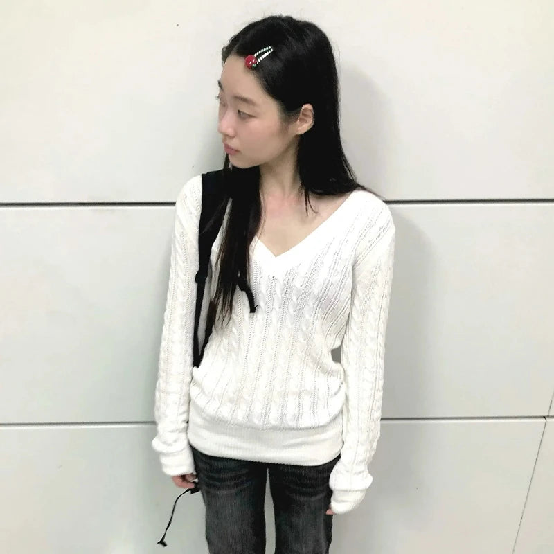 Women's V Neck Ribbed Long Sleeve Sweater Casual Knit Layer