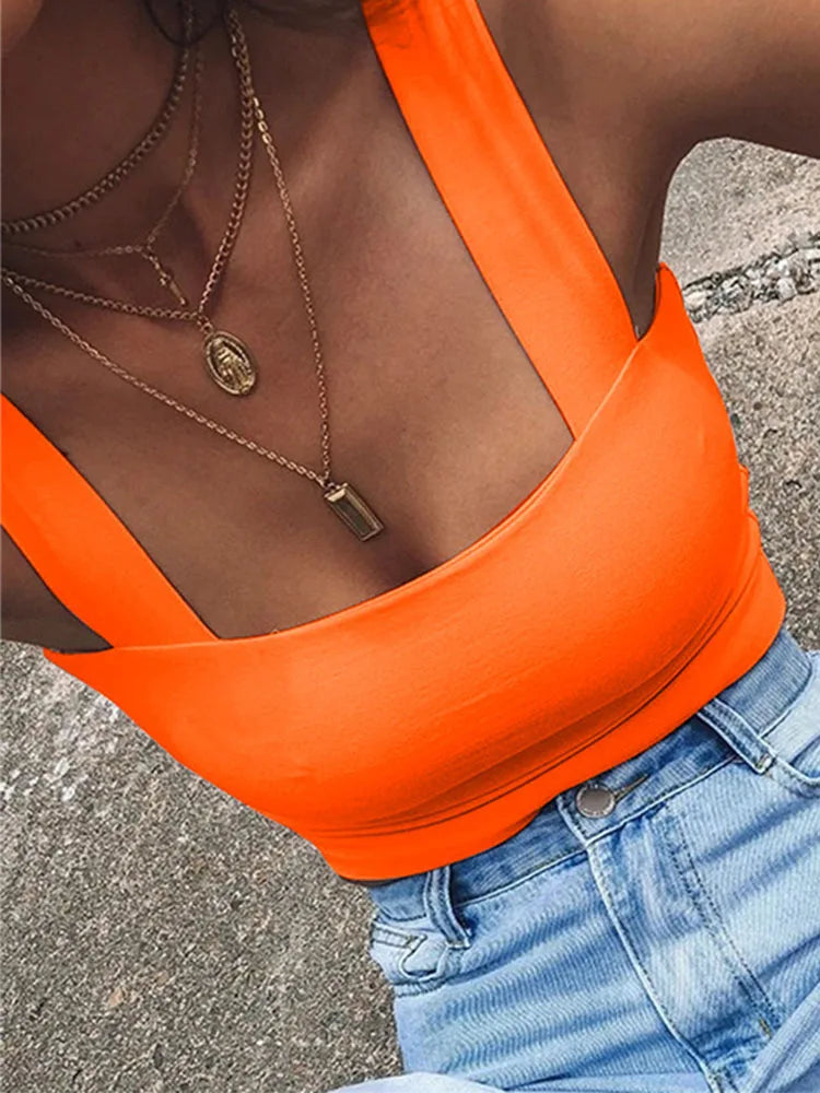 Women's Square Neck Crop Top with Wide Shoulder Straps and Cropped Length