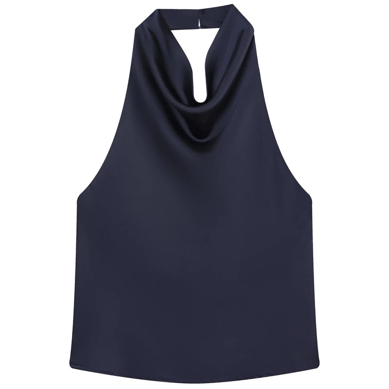 Women's Satin Polyester Halter Camisole with a Draped Front and Open Back