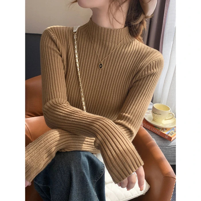 Women's Ribbed Mock Neck Long Sleeve Sweater Casual Knit Layer