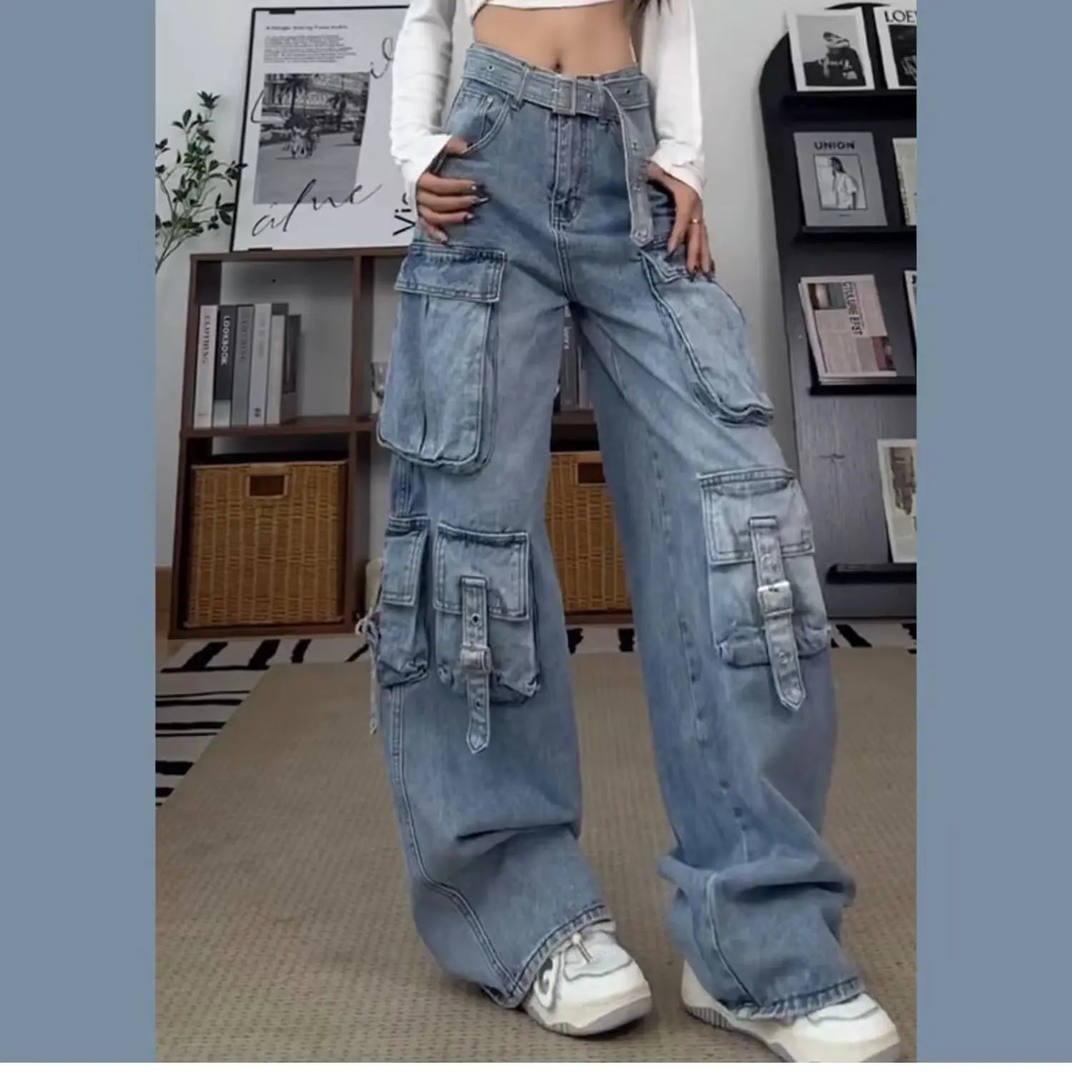 Women's Cargo Pants with Washed Look and Strap Pocket Details