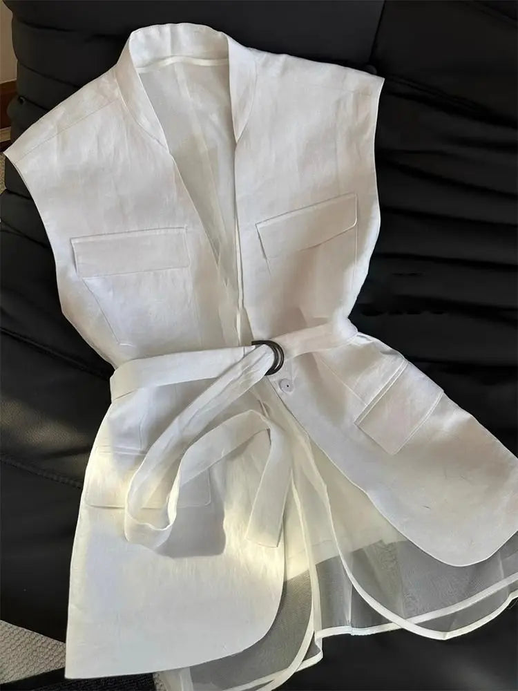 Women's Belted Sleeveless Vest with Sheer Hem Panels