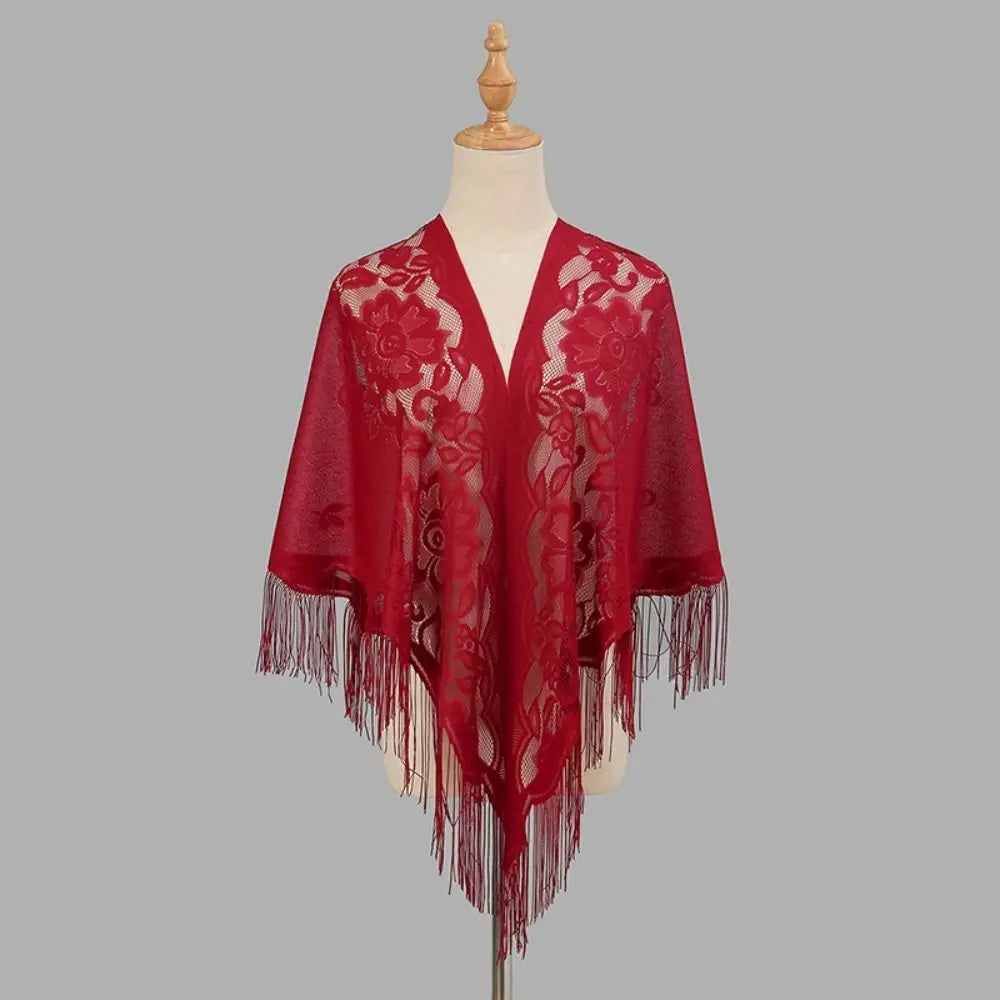Floral Lace Fringed Wrap Scarf for Layering over Outfits