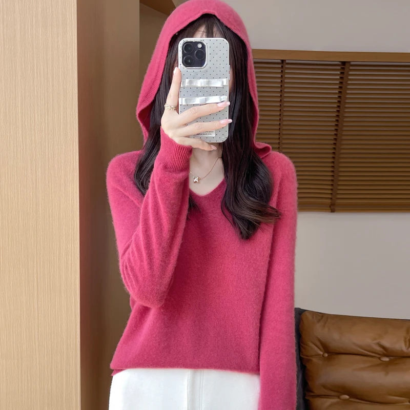 Women's V Neck And Hooded Knit Styles Sweater