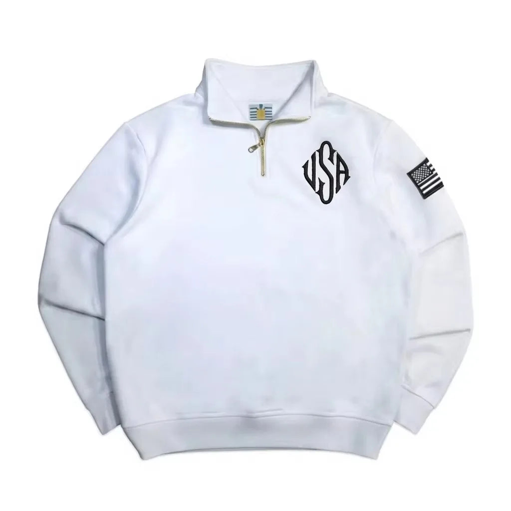 Cotton Flag-Embroidery Stand-Collar Quarter-Zip Sweatshirt