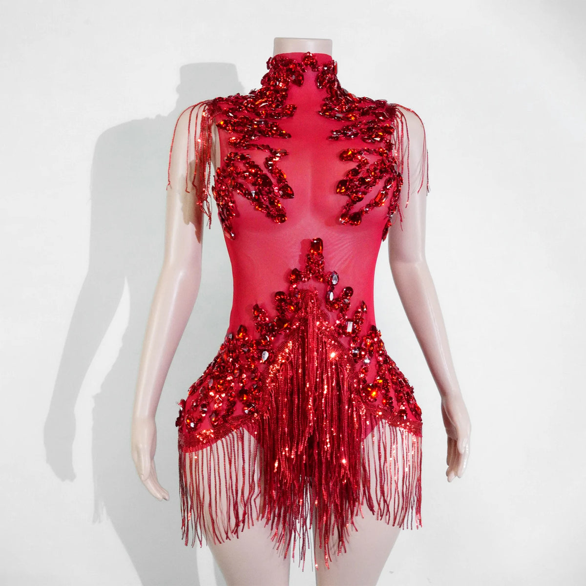Women's Rhinestone Fringe Mesh Dance Bodysuit for Stage Costume Outfits