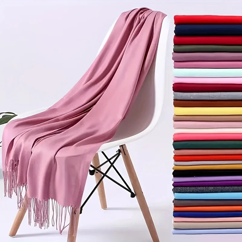 Solid Long Scarf with Decorative Fringed End Trim
