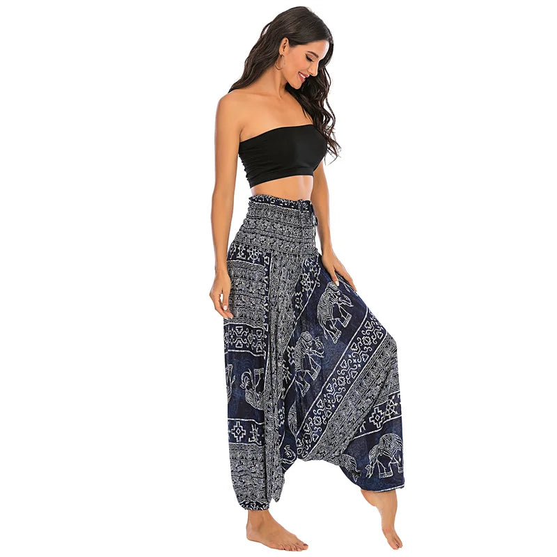 Women's Printed Rayon Harem Pants with Elastic Waist and Convertible Styling