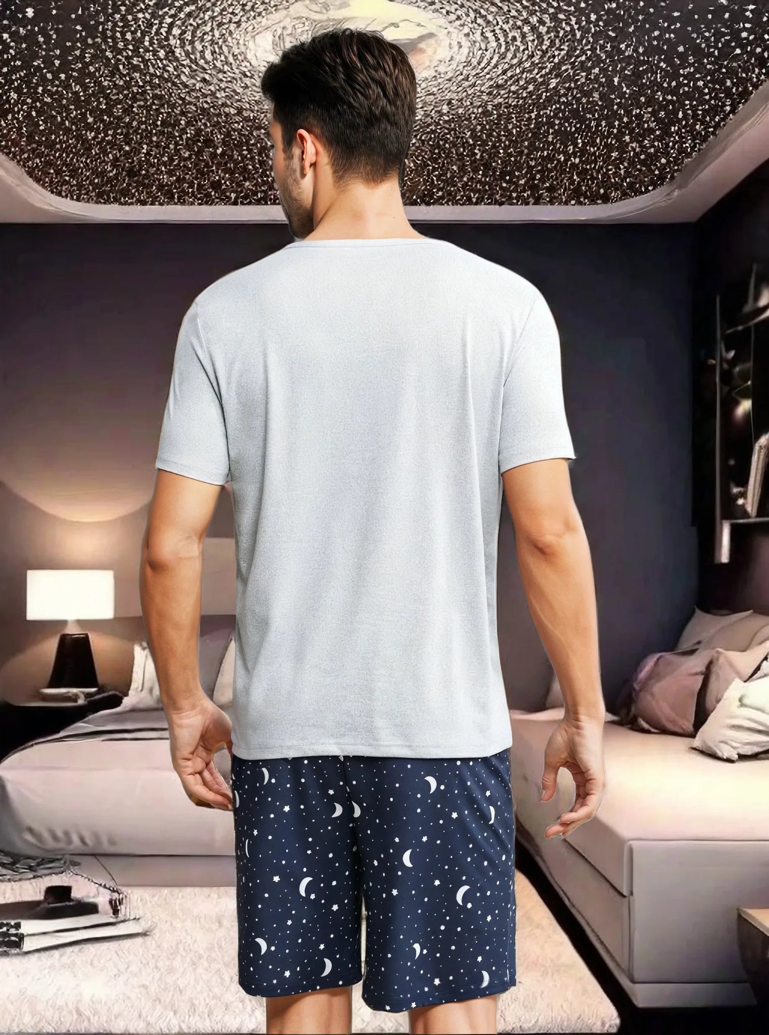 Men's Moon Print T Shirt and Shorts Pajama Set
