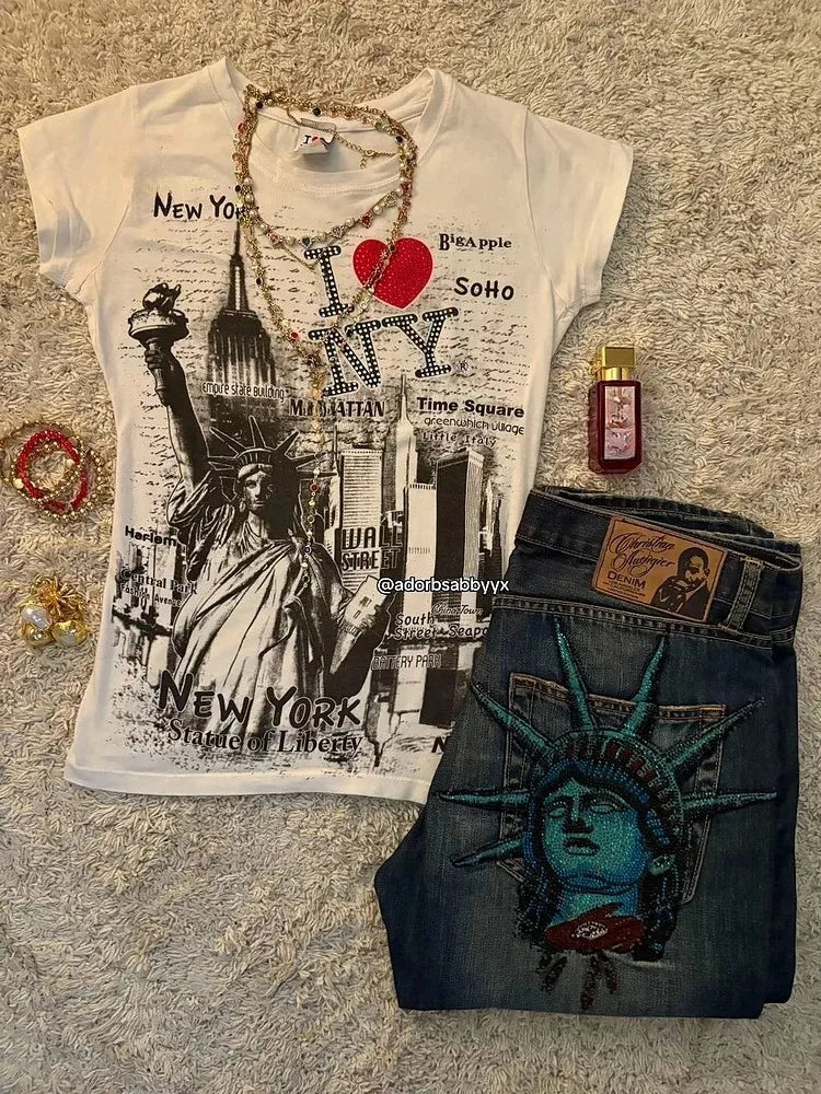 Women's Statue Graphic Straight Leg Denim Jeans For Everyday Outfits