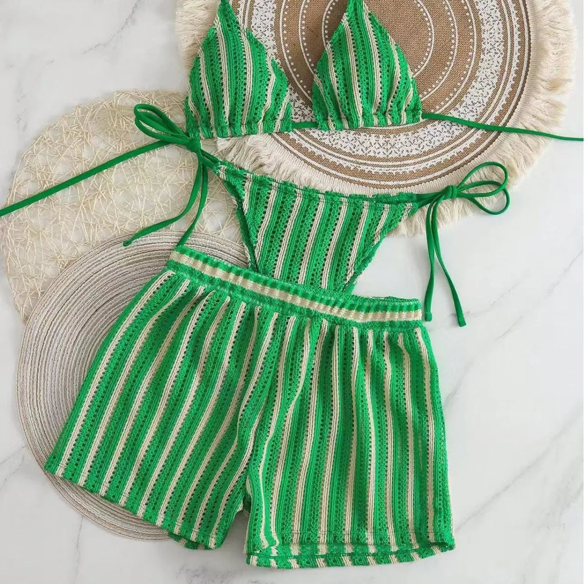 Striped Bikini with Mesh Shorts