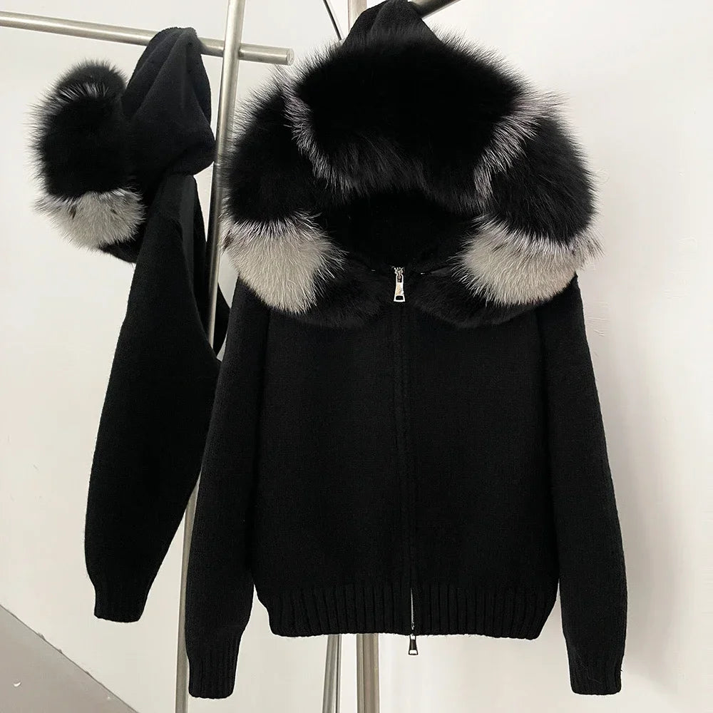 Women's Hooded Zip Front Fluffy Trim Jacket Casual Knit Layer
