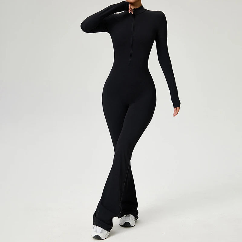 Women's Long Sleeve Nylon Blend Flared Workout Jumpsuit with Zip Collar