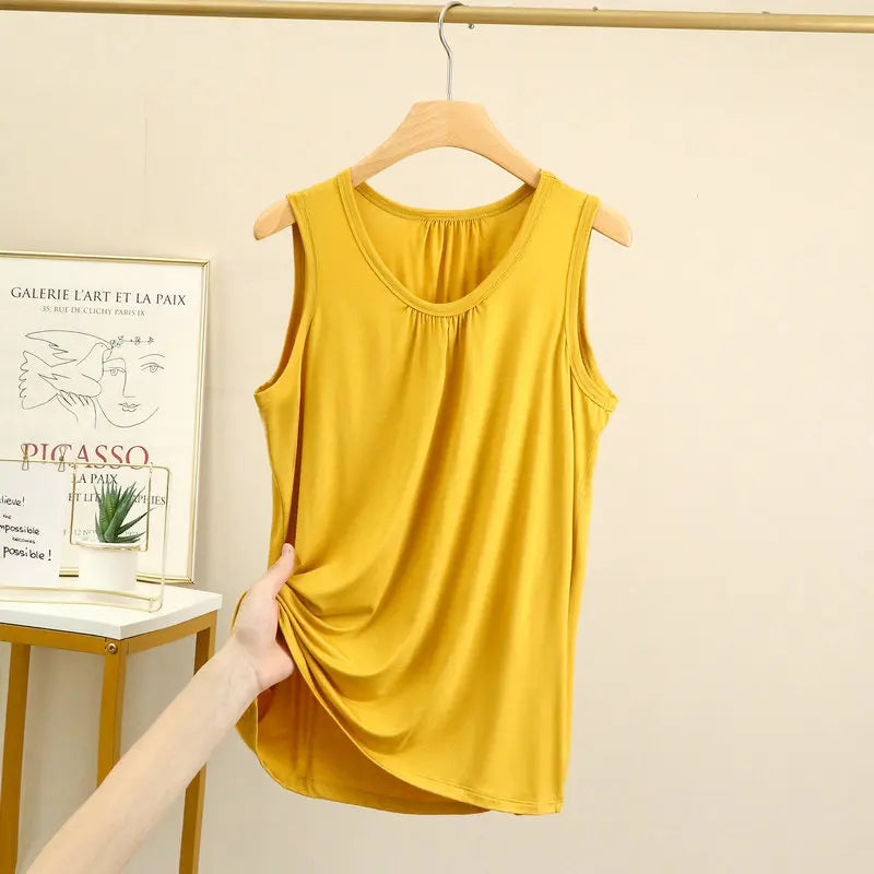 Women's Gathered Neck Polyester Modal Tank Top with Loose Sleeveless Fit
