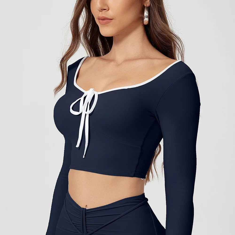 Women's Tie-Neck Long-Sleeve Workout Crop Top