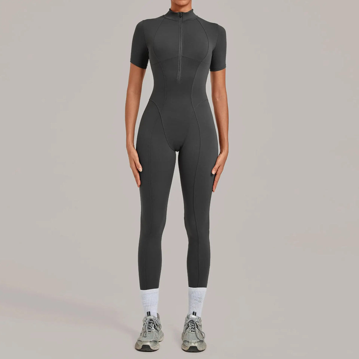 Women's Short Sleeve Nylon Blend Workout Jumpsuit with Stand Collar Zip
