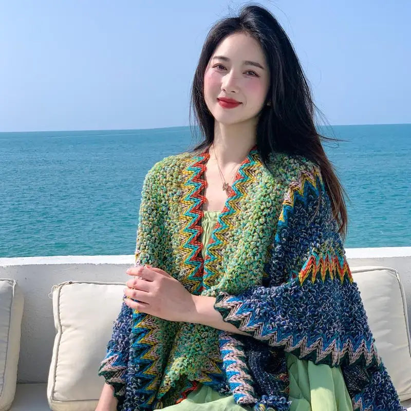 Zigzag Knit Fringe Poncho for Layering over Outfits