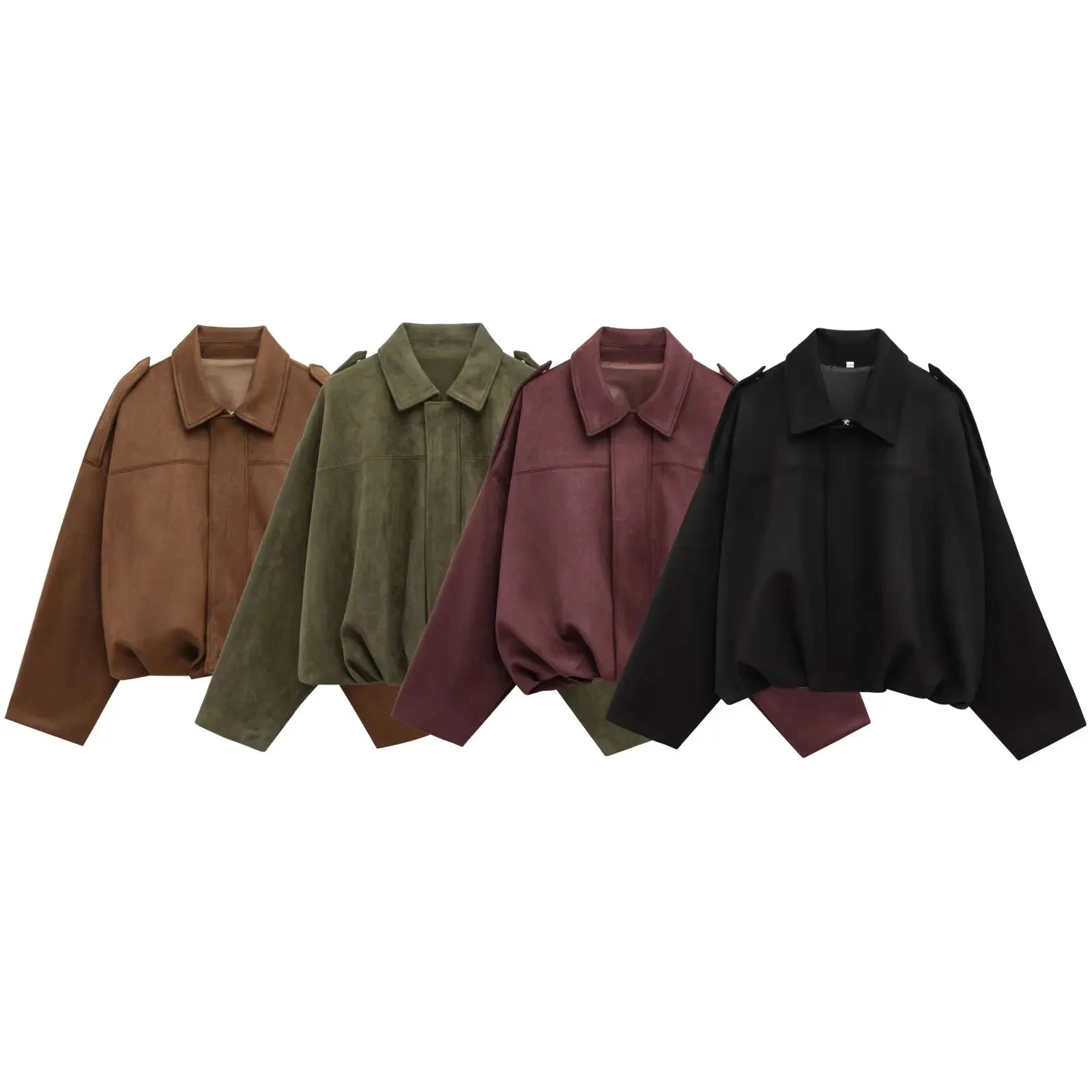 Women's Polyester Suede-Look Loose Long-Batwing-Sleeve Zip-Front Collared Jacket for Casual Autumn Outfits
