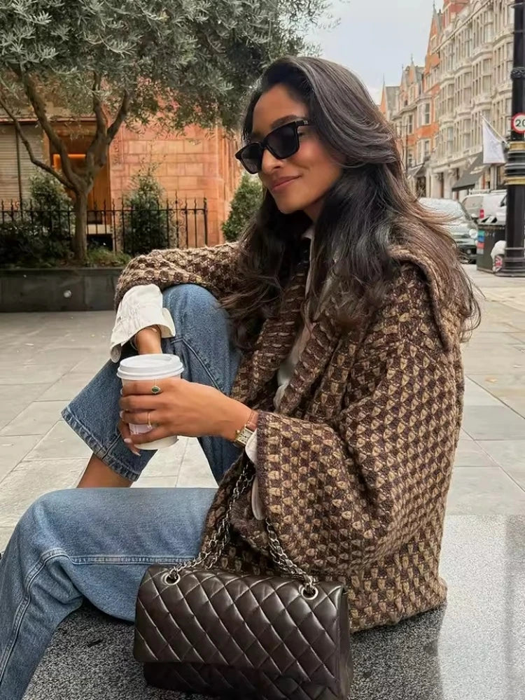 Women's Checked Button Front Shoulder Cape Cape Casual Knit Layer