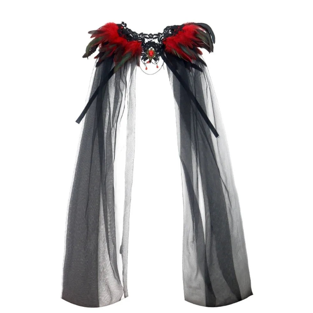 Feather Collar Sheer Long Cape for Layering over Outfits