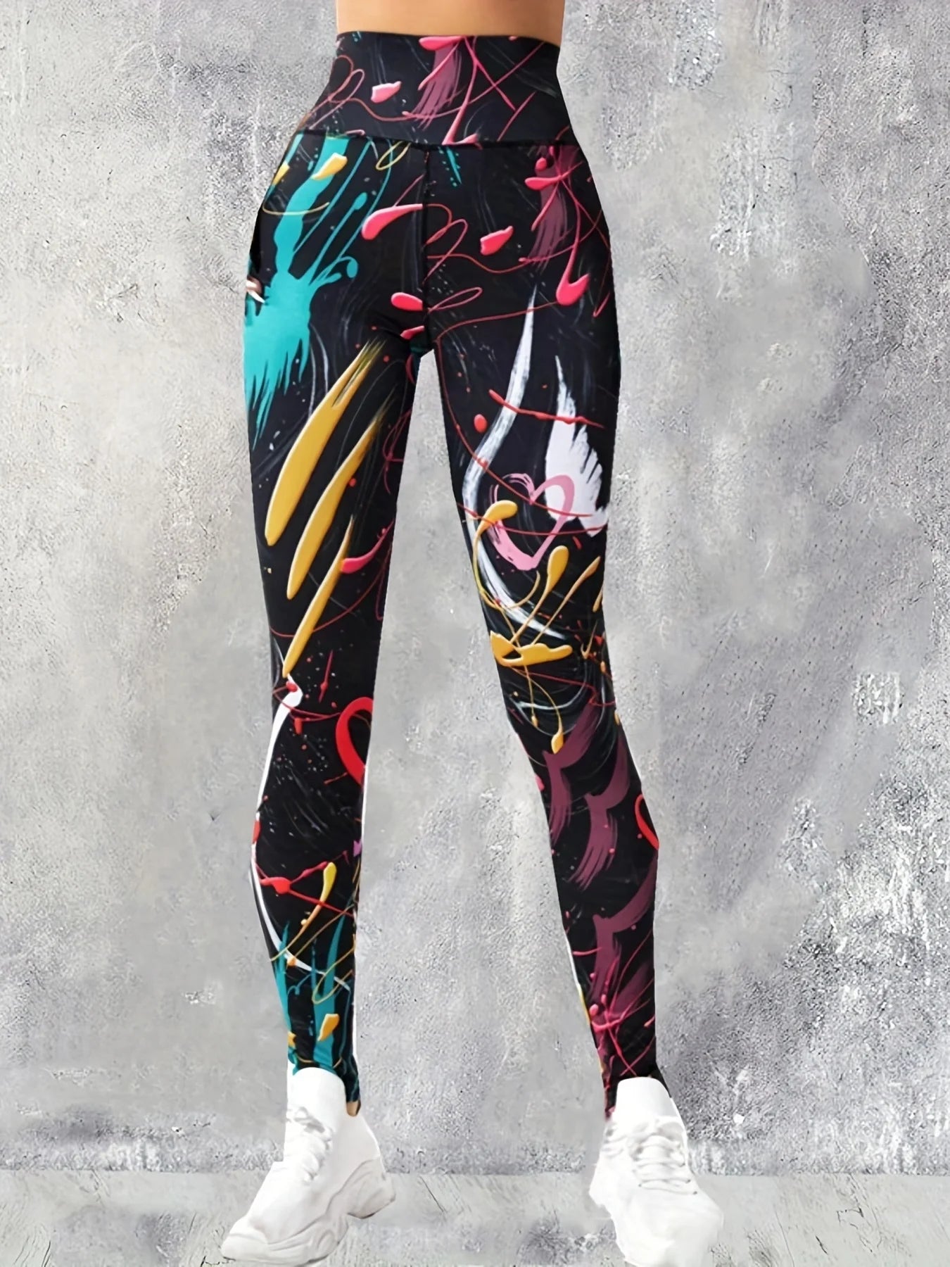 Women's Colourful Graffiti Heart Print Polyester Leggings with High Waist