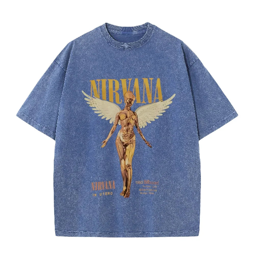 Vintage Distressed Washed Tee Nirvana Grunge Rock Silver Angel Skeleton Print Loose Fit Short Sleeve T Shirts