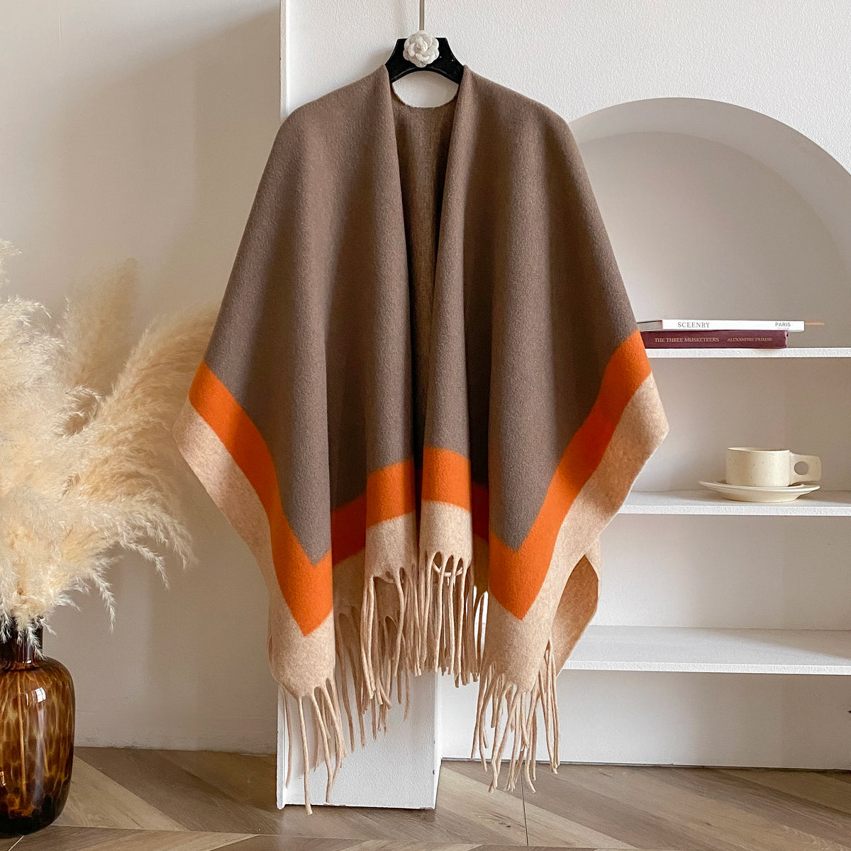 Block Stripe Fringe Poncho for Layering over Outfits