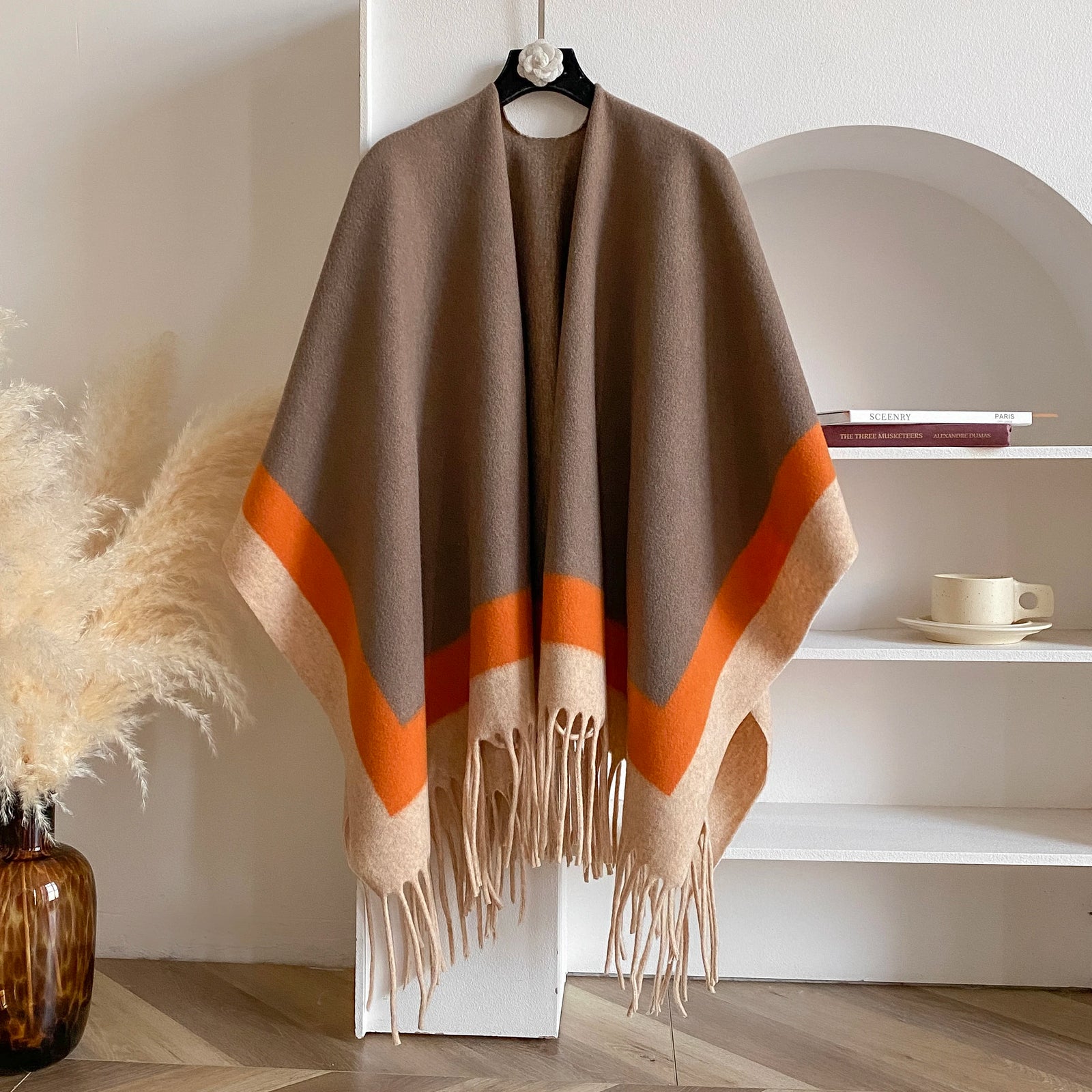 Block Stripe Fringe Poncho for Layering over Outfits