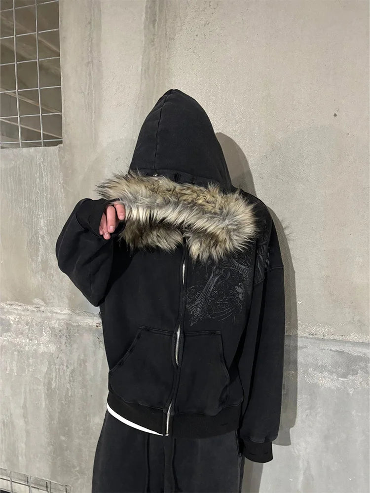 Fluffy Trim Long Sleeve Full Zip Casual Hoodie