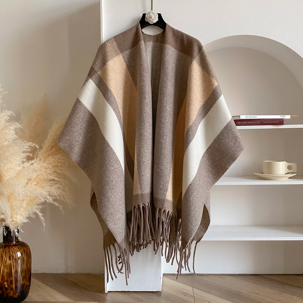 Block Stripe Fringe Poncho for Layering over Outfits