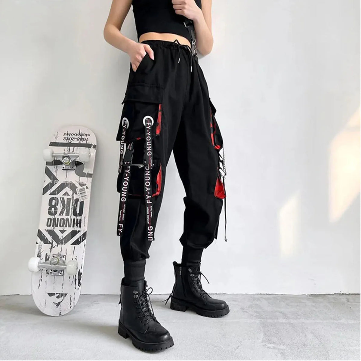 Women's Black Cargo Joggers with Printed Straps and Side Pockets