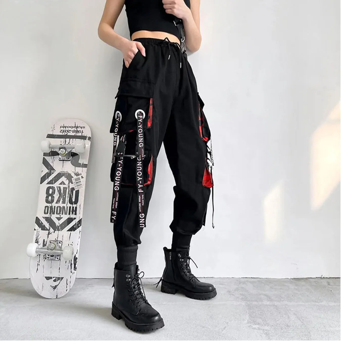 Women's Black Cargo Joggers with Printed Straps and Side Pockets