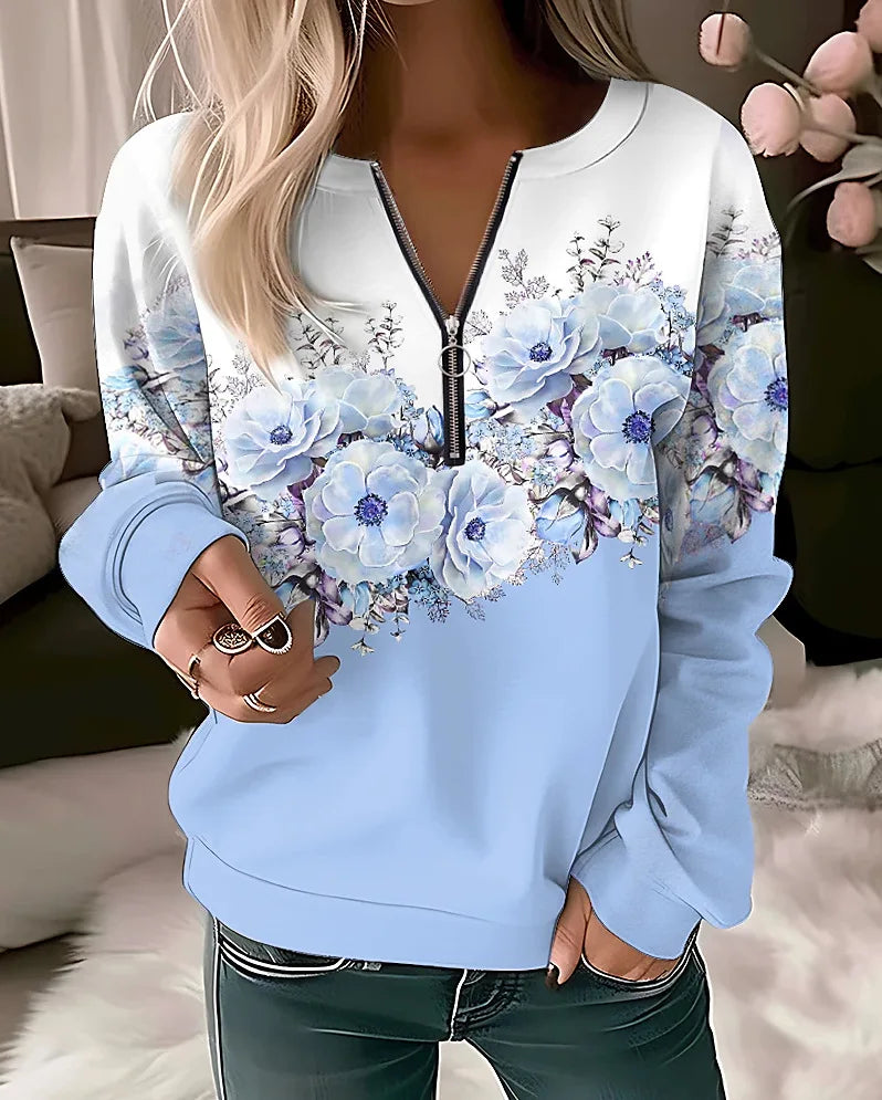 Floral Long Sleeve Full Zip Casual Hoodie for Layering