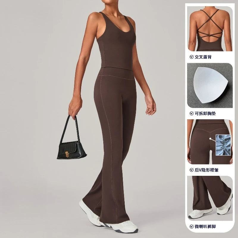 Women's Backless Tank And Flared Pants Yoga Set