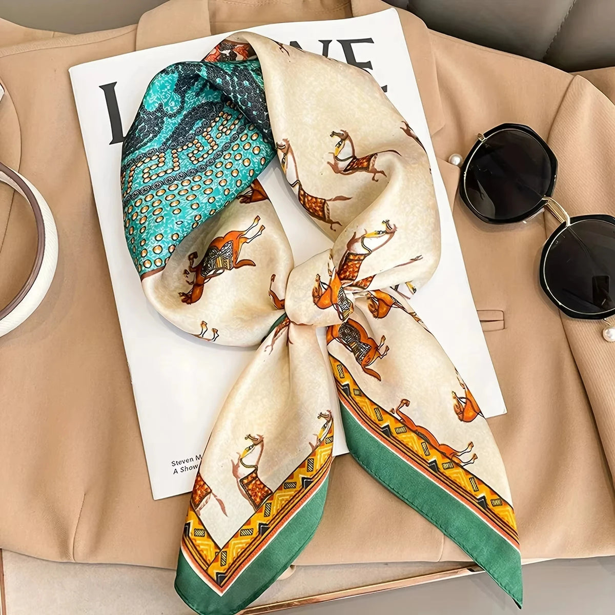 Horse Print Square Scarf with Decorative Patterned Border