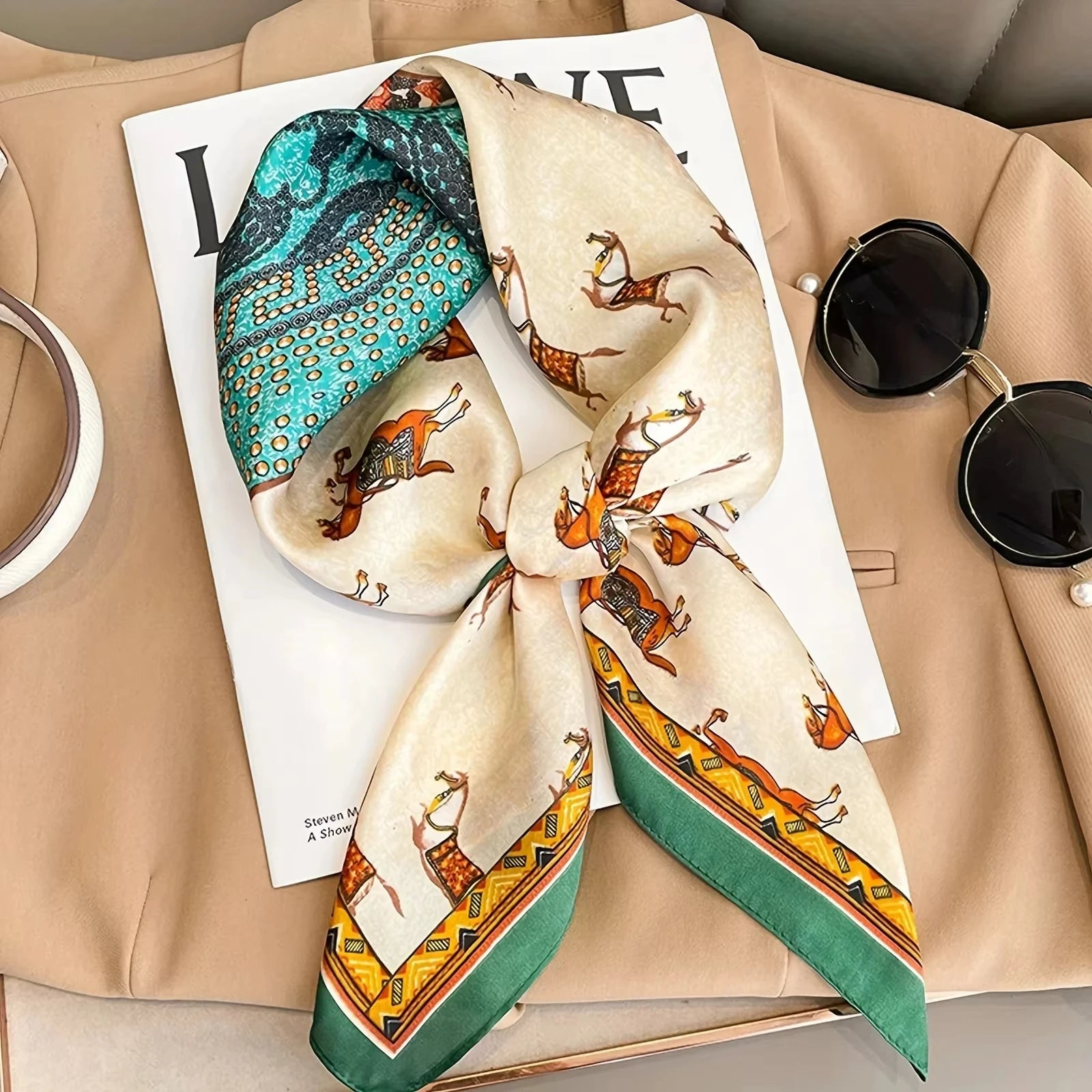 Horse Print Square Scarf with Decorative Patterned Border