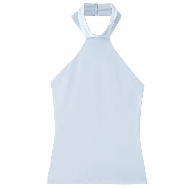 Women's Solid Polyester Halter Top with an Open Back and Fitted Shape