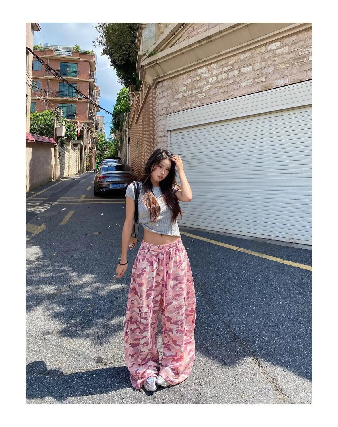 Women's Pink Camouflage Cargo Pants with Wide Legs and Drawstring Waist