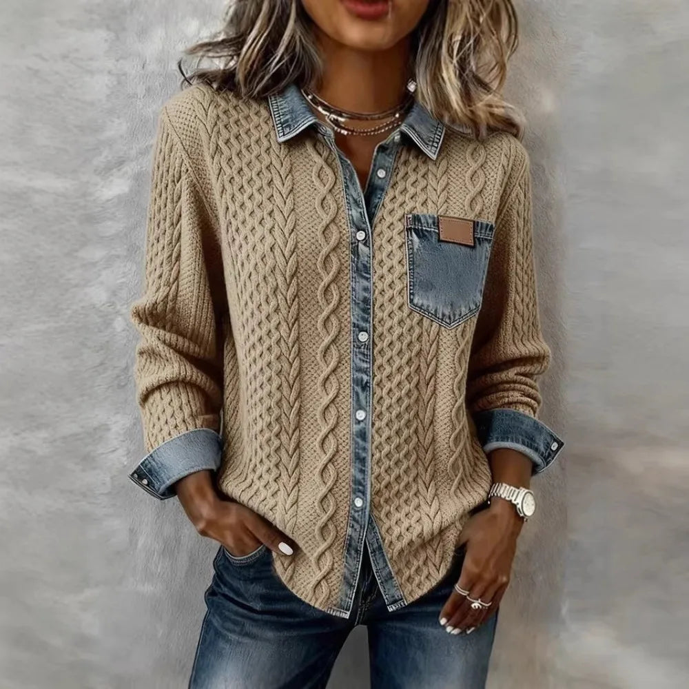 Women's Cable Knit Cardigan with Denim Look Panels