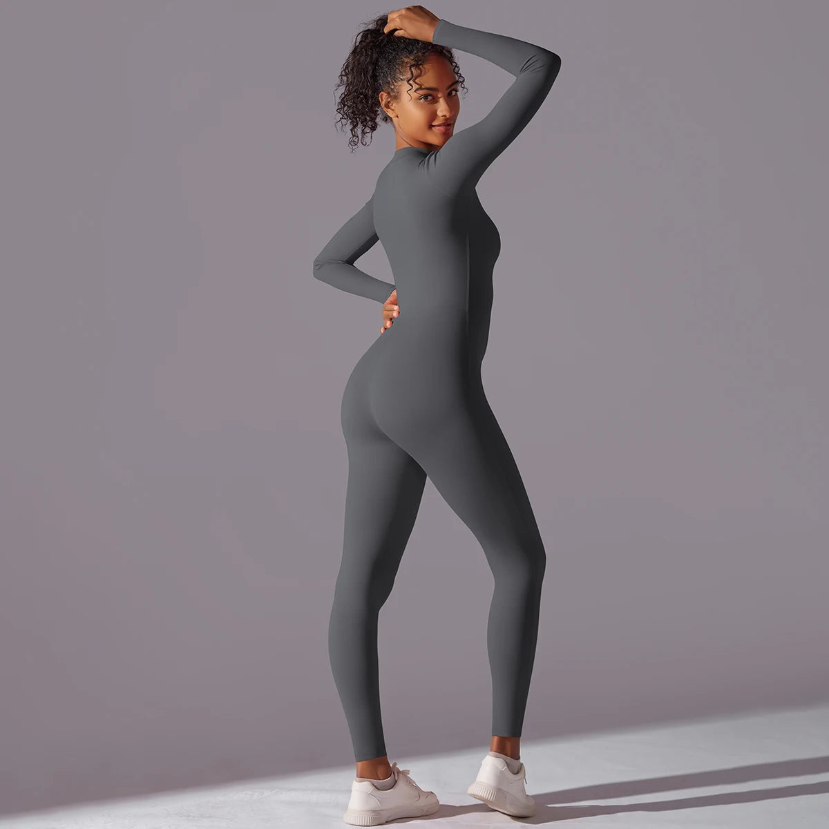 Women's Long Sleeve Nylon Blend Workout Jumpsuit with Round Neck