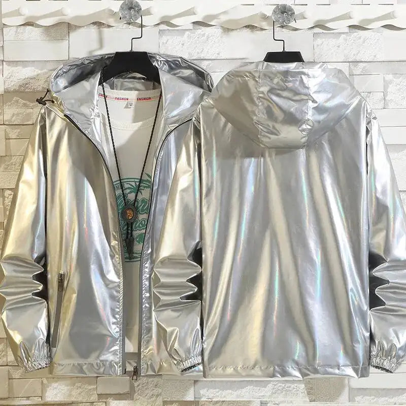 Metallic Finish Long Sleeve Front Zip Casual Bomber Jacket