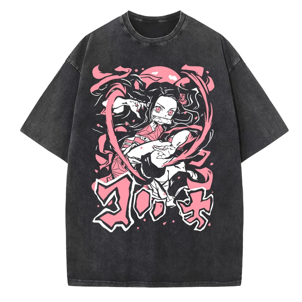 Harajuku Anime Demon Slayer Kamado Nezuko Wash T Shirt Men Women Short Sleeve Casual Graphic Tee