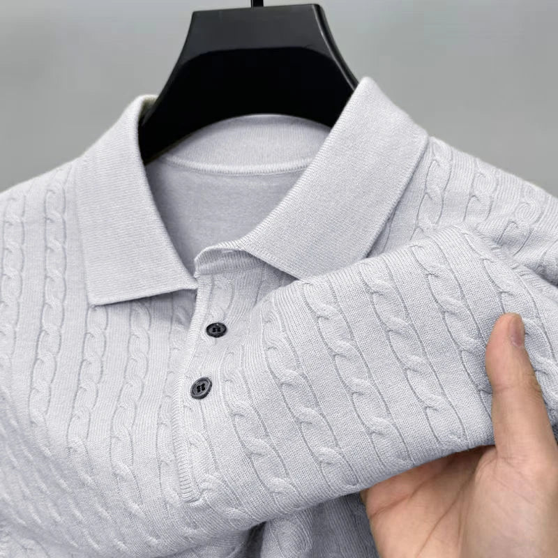 Men's Cable Knit Polo Collar Long Sleeve Sweater