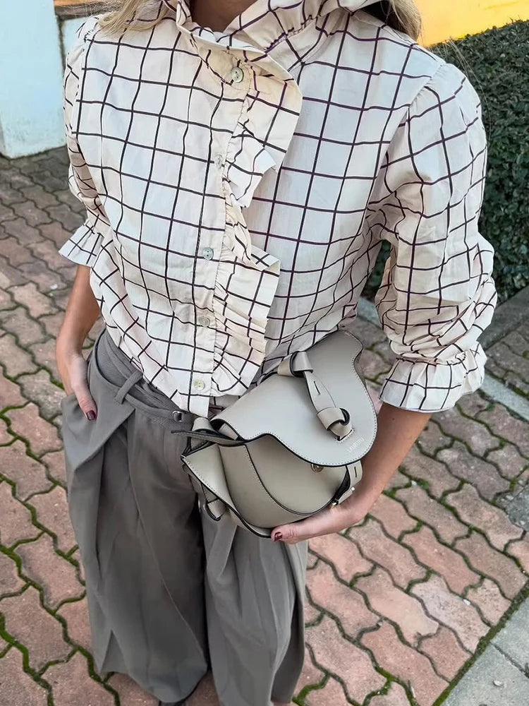 Women's Ruffled Stand Collar Long Sleeve Patterned Shirt