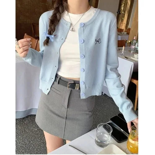 Women's Crew Neck Bow Embroidered Button Front Cardigan