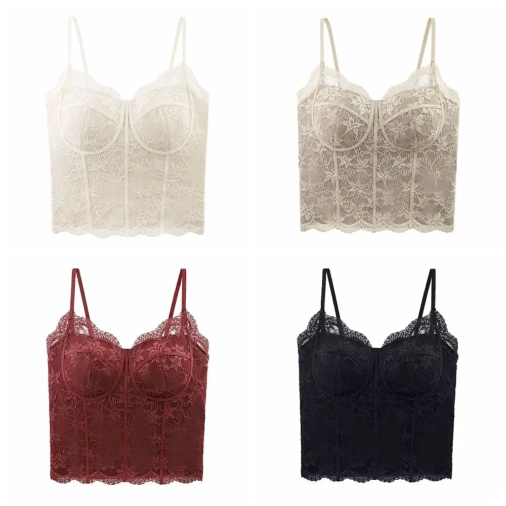 Women's Floral Lace Crop Top with Thin Shoulder Straps and Chest Pads