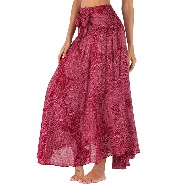 Women's Printed Nylon Harem Pants with Smocked Waist and Convertible Styling